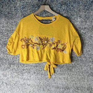 We The Free T Shirt Womens Small Yellow Embroidered Tie Front Cropped Top